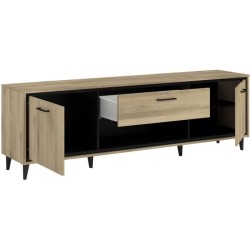 Meuble TV 2 portes et 1 tiroir - OSTARA - Chene / Noir - 179,9 x 39,8