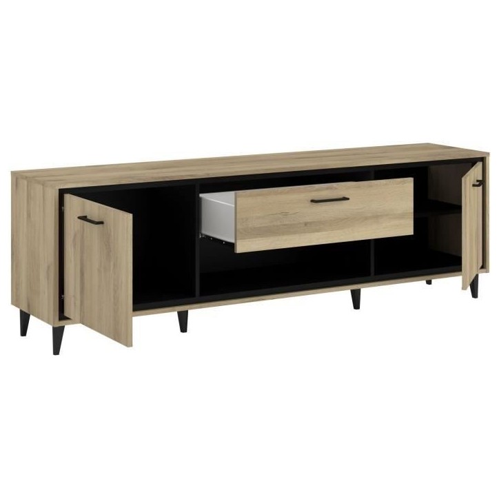 Meuble TV 2 portes et 1 tiroir - OSTARA - Chene / Noir - 179,9 x 39,8 x 56,9 cm - PARISOT Meuble TV 2 portes et 1 tiroir - OSTARA - Chene / Noir - 179,9 x 39,8 x 56,9 cm - PARISOT