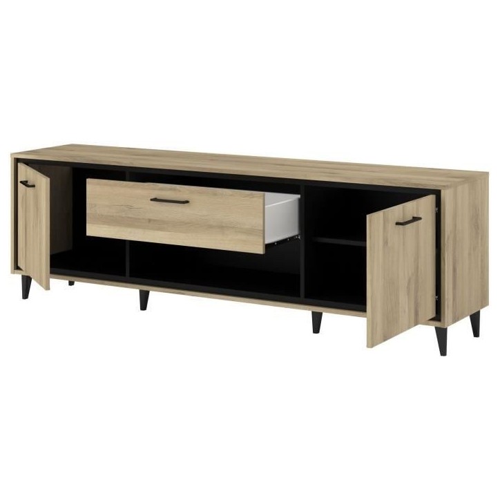 Meuble TV 2 portes et 1 tiroir - OSTARA - Chene / Noir - 179,9 x 39,8 x 56,9 cm - PARISOT Meuble TV 2 portes et 1 tiroir - OSTARA - Chene / Noir - 179,9 x 39,8 x 56,9 cm - PARISOT