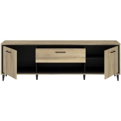 Meuble TV 2 portes et 1 tiroir - OSTARA - Chene / Noir - 179,9 x 39,8
