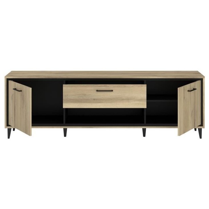 Meuble TV 2 portes et 1 tiroir - OSTARA - Chene / Noir - 179,9 x 39,8 x 56,9 cm - PARISOT Meuble TV 2 portes et 1 tiroir - OSTARA - Chene / Noir - 179,9 x 39,8 x 56,9 cm - PARISOT