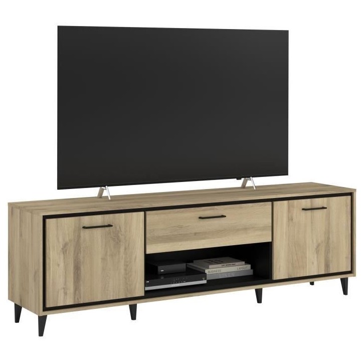 Meuble TV 2 portes et 1 tiroir - OSTARA - Chene / Noir - 179,9 x 39,8 x 56,9 cm - PARISOT Meuble TV 2 portes et 1 tiroir - OSTARA - Chene / Noir - 179,9 x 39,8 x 56,9 cm - PARISOT
