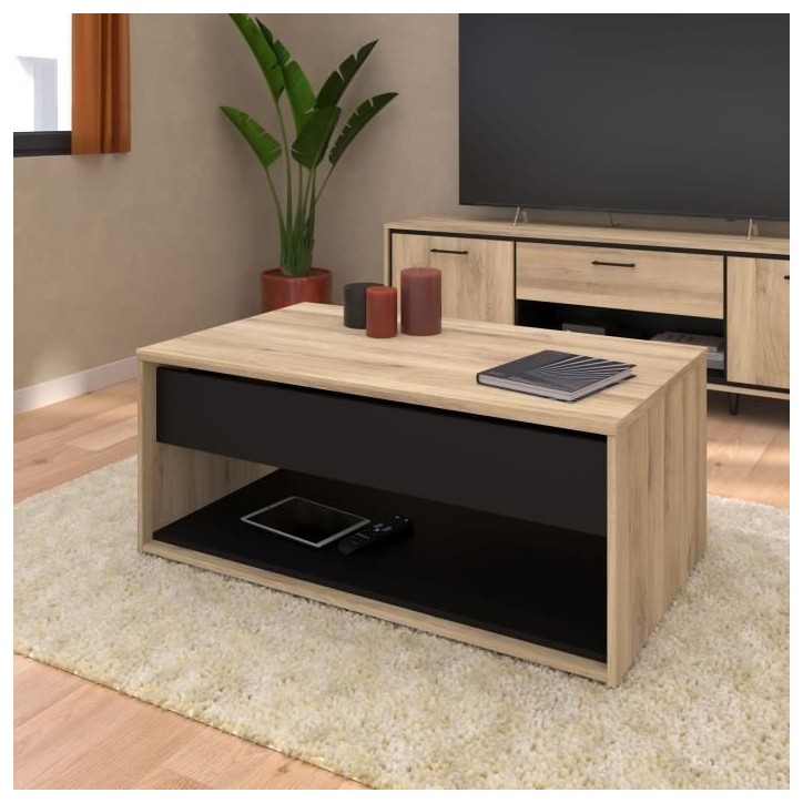 Table basse relevable - OSTARA - Rectangulaire - Chene / Noir - Relevable - 110 x 65 x 45/67,2 cm Table basse relevable - OSTARA - Rectangulaire - Chene / Noir - Relevable - 110 x 65 x 45/67,2 cm