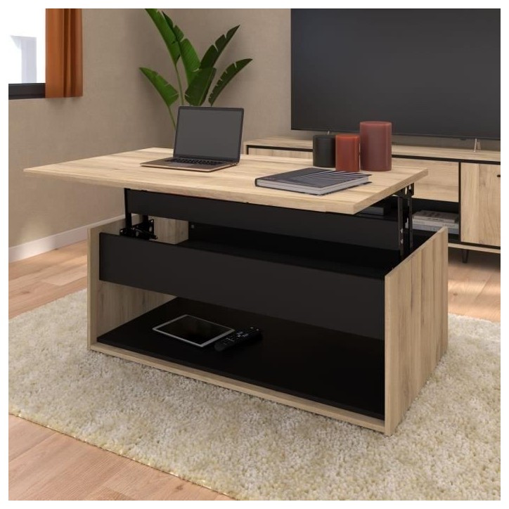 Table basse relevable - OSTARA - Rectangulaire - Chene / Noir - Relevable - 110 x 65 x 45/67,2 cm Table basse relevable - OSTARA - Rectangulaire - Chene / Noir - Relevable - 110 x 65 x 45/67,2 cm