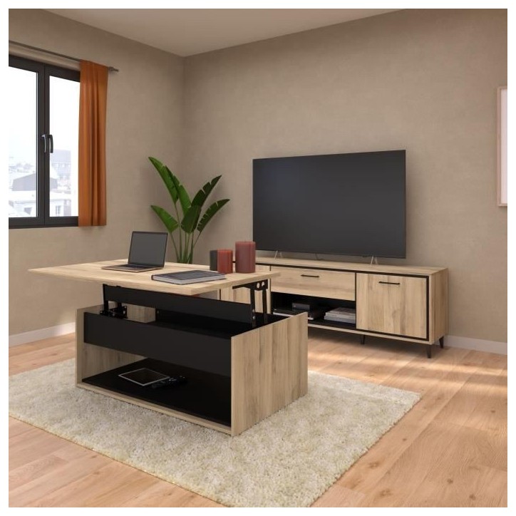 Table basse relevable - OSTARA - Rectangulaire - Chene / Noir - Relevable - 110 x 65 x 45/67,2 cm Table basse relevable - OSTARA - Rectangulaire - Chene / Noir - Relevable - 110 x 65 x 45/67,2 cm