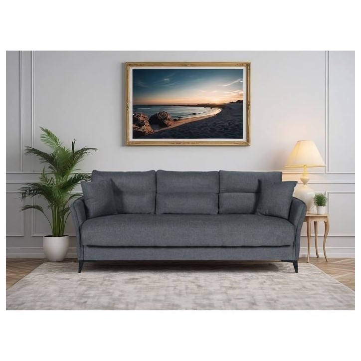 Canapé convertible 3 places - OTTOWA - Tissu gris foncé - 2 coussins - Coffre de rangement - 217 x 92 x 85 cm Canapé convertible 3 places - OTTOWA - Tissu gris foncé - 2 coussins - Coffre de rangement - 217 x 92 x 85 cm
