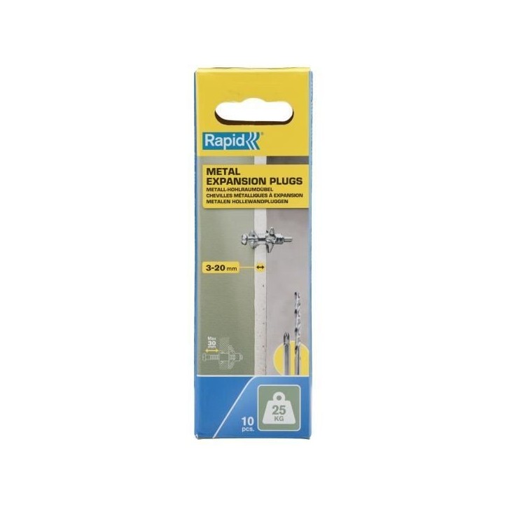 Chevilles a expansion métal pour cloison plâtre - RAPID - Ø8 - 3-20mm - Lot de 10 - Charge max 25 kg - 5001548 Chevilles a expansion métal pour cloison plâtre - RAPID - Ø8 - 3-20mm - Lot de 10 - Charge max 25 kg - 5001548