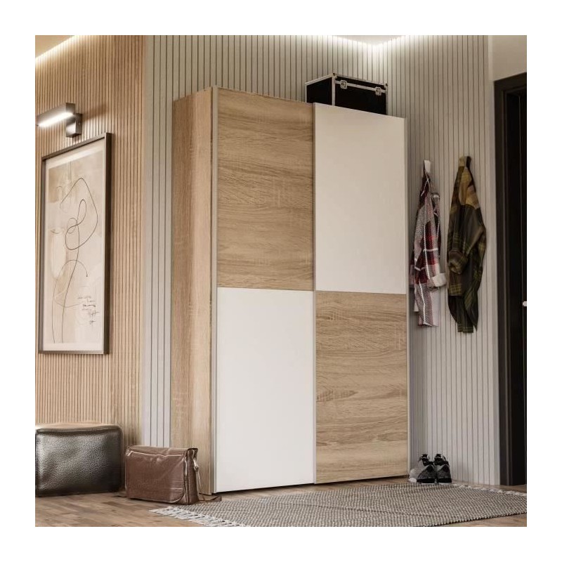 Armoire 2 portes coulissantes multifonction - Blanc et chene clair - L Armoire 2 portes coulissantes multifonction - Blanc et chene clair - L
