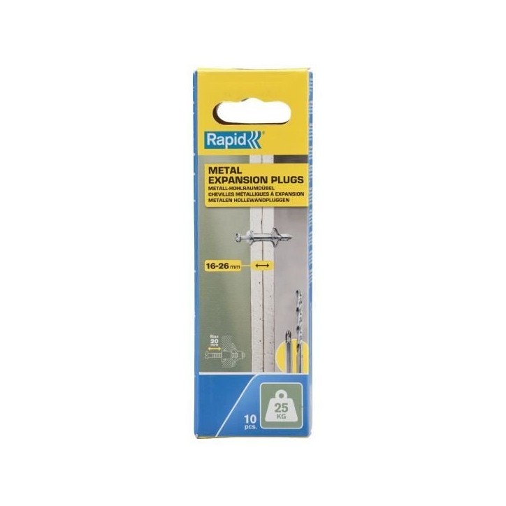 Chevilles a expansion métal pour cloison plâtre - RAPID - Ø8 - 16-26mm - Lot de 10 - Charge max 25 kg - 5001547