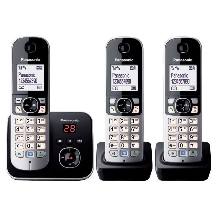 PANASONIC - KXTG6823 - Téléphone sans fil trio - Fonction réduction de bruit - Blocage sélectif - Répondeur - Gris et noir PANASONIC - KXTG6823 - Téléphone sans fil trio - Fonction réduction de bruit - Blocage sélectif - Répondeur - Gris et noir