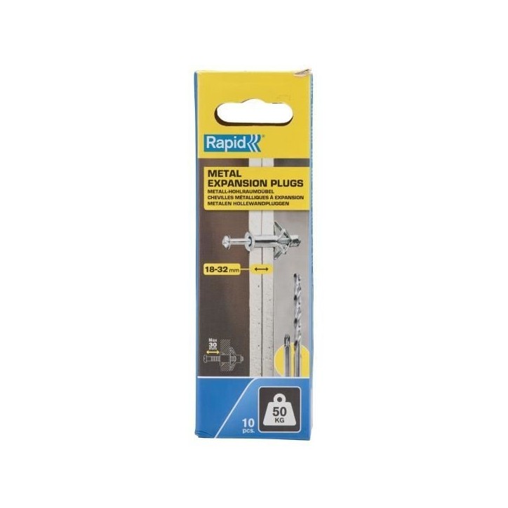 Chevilles a expansion métal pour cloison plâtre - RAPID - Ø13 - 18-32mm - Lot de 10 - Charge max 50 kg - 5001554