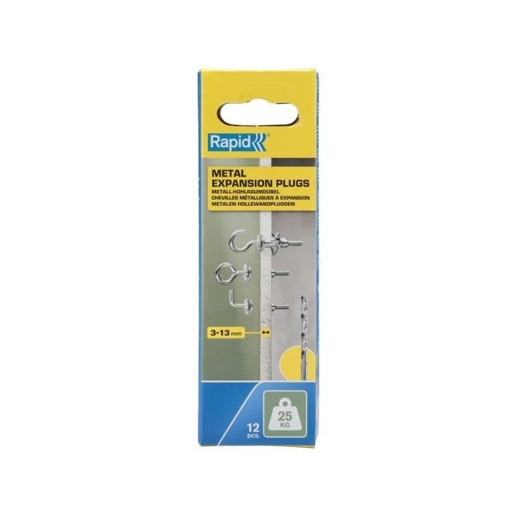 Chevilles a expansion métal pour cloison plâtre - RAPID - Ø8 - 3-13mm - Lot de 12 vis crochet mural - Charge max 25 kg - 5001