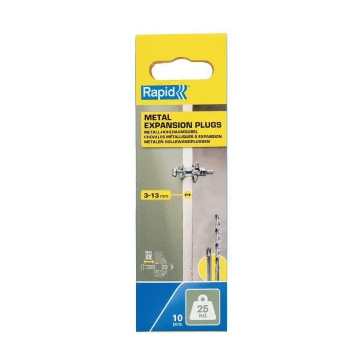 Chevilles a expansion métal pour cloison plâtre - RAPID - Ø8 - 3-13mm - Lot de 10 - Charge max 25 kg - 5001546 Chevilles a expansion métal pour cloison plâtre - RAPID - Ø8 - 3-13mm - Lot de 10 - Charge max 25 kg - 5001546
