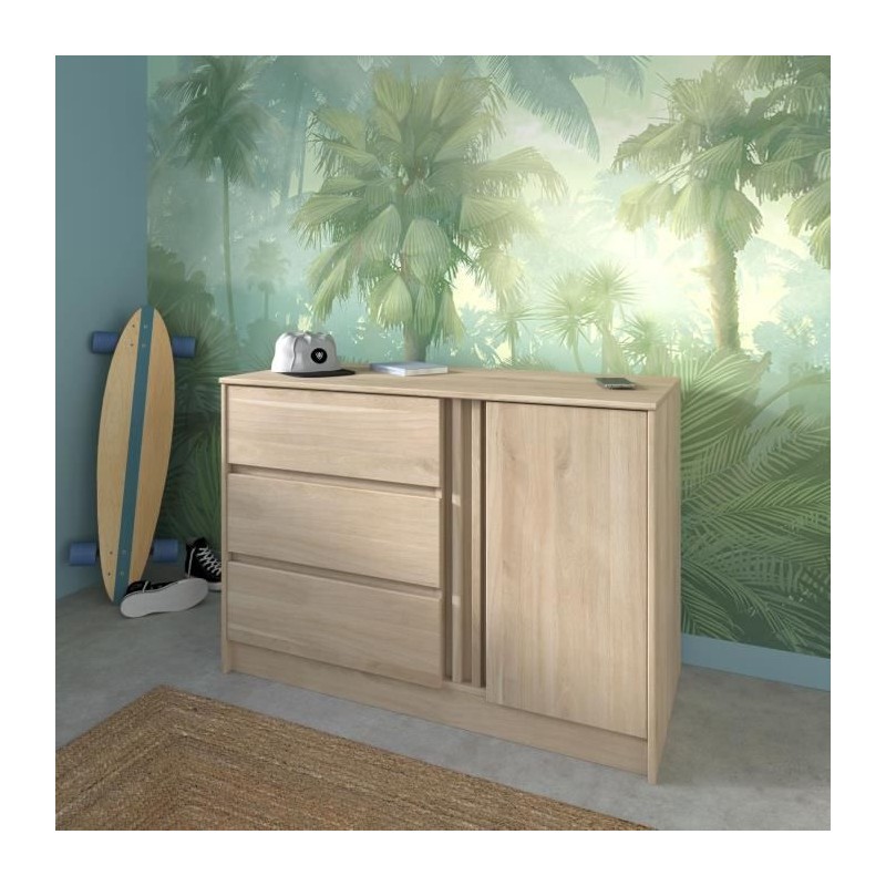 Commode ESCALE - 3 tiroirs - 1 porte - Décor chene - L 109,8 x H 76,8 Commode ESCALE - 3 tiroirs - 1 porte - Décor chene - L 109,8 x H 76,8