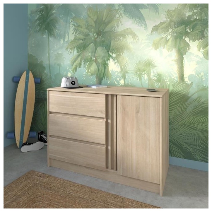 Commode ESCALE - 3 tiroirs - 1 porte - Décor chene - L 109,8 x H 76,8 x P 50 cm Commode ESCALE - 3 tiroirs - 1 porte - Décor chene - L 109,8 x H 76,8 x P 50 cm