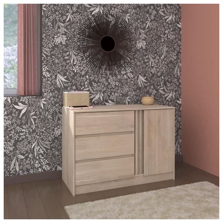 Commode ESCALE - 3 tiroirs - 1 porte - Décor chene - L 109,8 x H 76,8 x P 50 cm Commode ESCALE - 3 tiroirs - 1 porte - Décor chene - L 109,8 x H 76,8 x P 50 cm