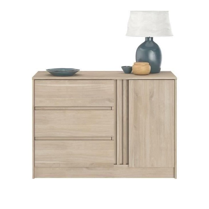 Commode ESCALE - 3 tiroirs - 1 porte - Décor chene - L 109,8 x H 76,8 x P 50 cm Commode ESCALE - 3 tiroirs - 1 porte - Décor chene - L 109,8 x H 76,8 x P 50 cm