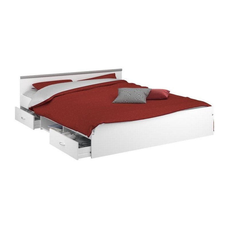 Lit adulte ZODIAC 160x200 - Décor blanc - 2 tiroirs - L165.8 x H58.9 Lit adulte ZODIAC 160x200 - Décor blanc - 2 tiroirs - L165.8 x H58.9