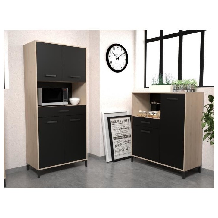 Buffet de cuisine FACTORY - Décor chene et noir - 2 portes + 1 tiroir - Modulable - L 80 x P 43,3 x H 185 cm Buffet de cuisine FACTORY - Décor chene et noir - 2 portes + 1 tiroir - Modulable - L 80 x P 43,3 x H 185 cm