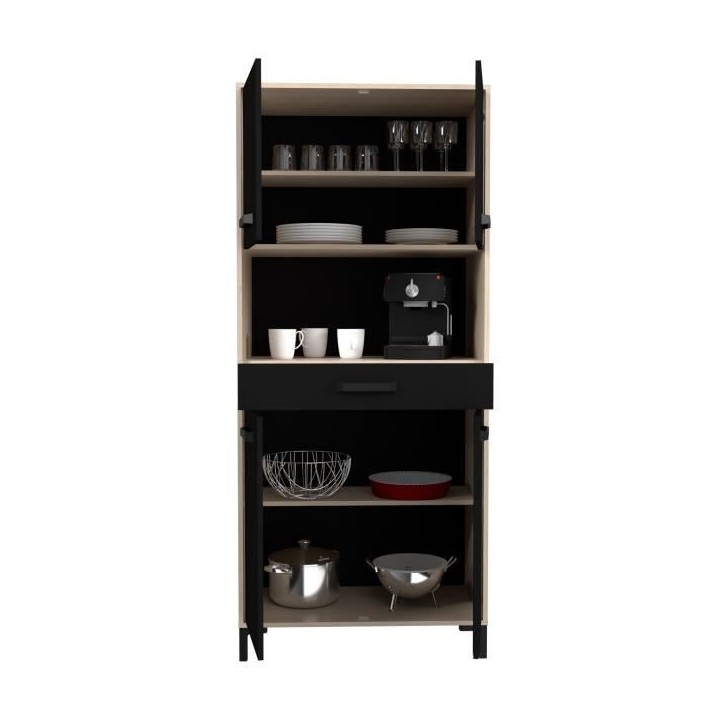 Buffet de cuisine FACTORY - Décor chene et noir - 2 portes + 1 tiroir - Modulable - L 80 x P 43,3 x H 185 cm Buffet de cuisine FACTORY - Décor chene et noir - 2 portes + 1 tiroir - Modulable - L 80 x P 43,3 x H 185 cm