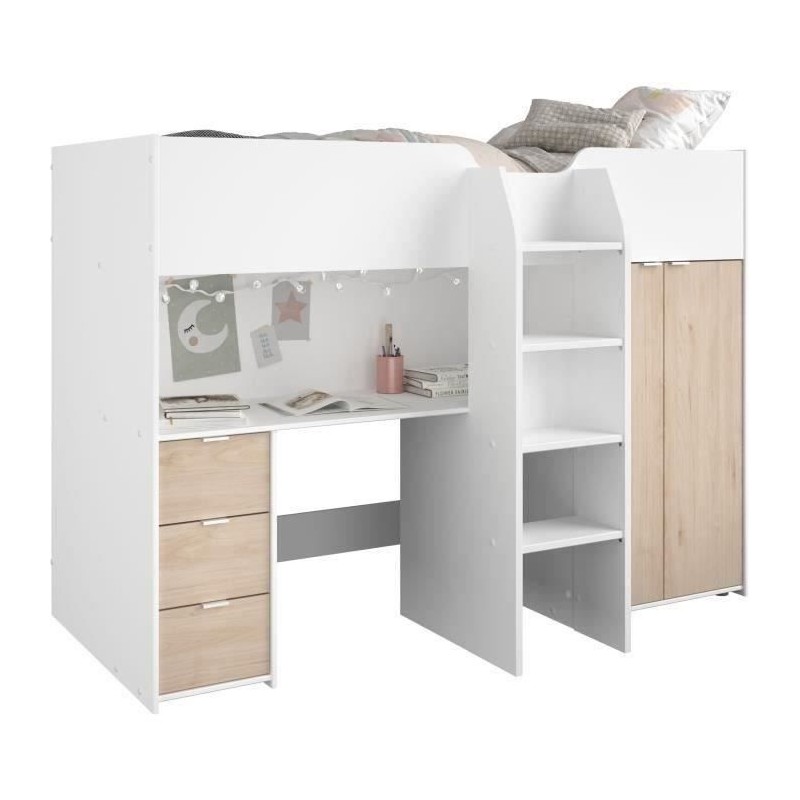 Lit combiné mezzanine enfant - TOM - Blanc et chene - Armoire, bureau Lit combiné mezzanine enfant - TOM - Blanc et chene - Armoire, bureau