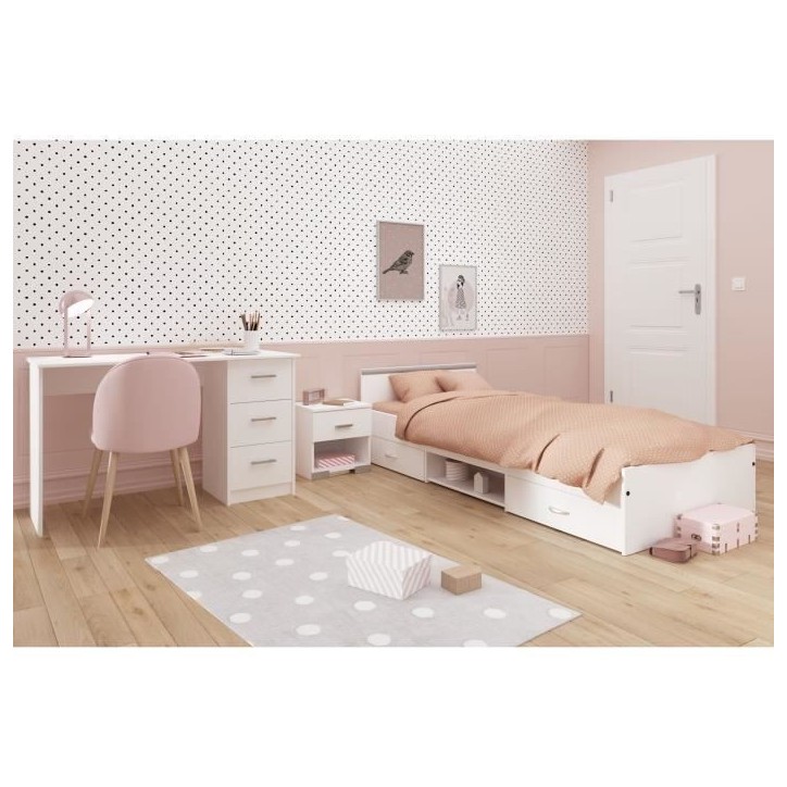 Chambre complete enfant 3 pieces ZODIAC - Lit + chevet + bureau - Décor blanc - PARISOT Chambre complete enfant 3 pieces ZODIAC - Lit + chevet + bureau - Décor blanc - PARISOT