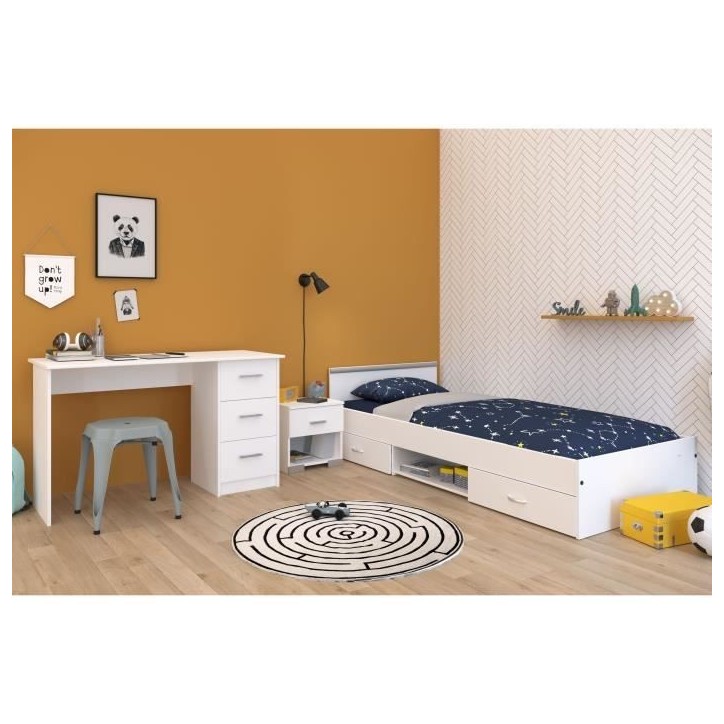 Chambre complete enfant 3 pieces ZODIAC - Lit + chevet + bureau - Décor blanc - PARISOT Chambre complete enfant 3 pieces ZODIAC - Lit + chevet + bureau - Décor blanc - PARISOT