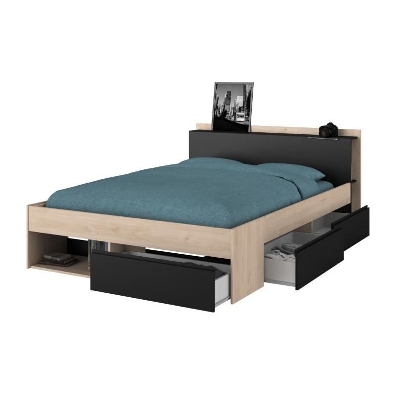 Lit adulte COMBO 140x190/200 cm - Chene et noir - 3 Tiroirs - PARISOT Lit adulte COMBO 140x190/200 cm - Chene et noir - 3 Tiroirs - PARISOT