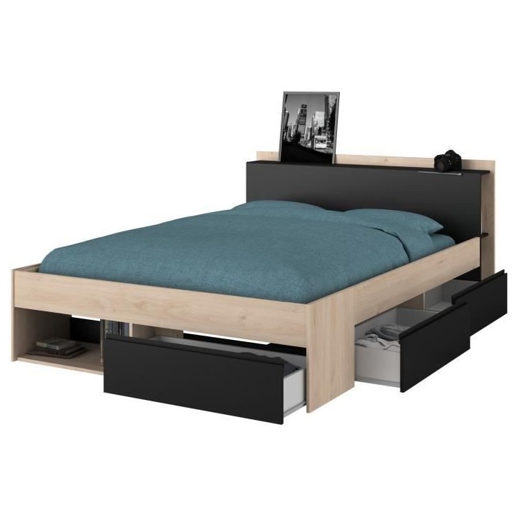 Lit adulte COMBO 140x190/200 cm - Chene et noir - 3 Tiroirs - PARISOT Lit adulte COMBO 140x190/200 cm - Chene et noir - 3 Tiroirs - PARISOT