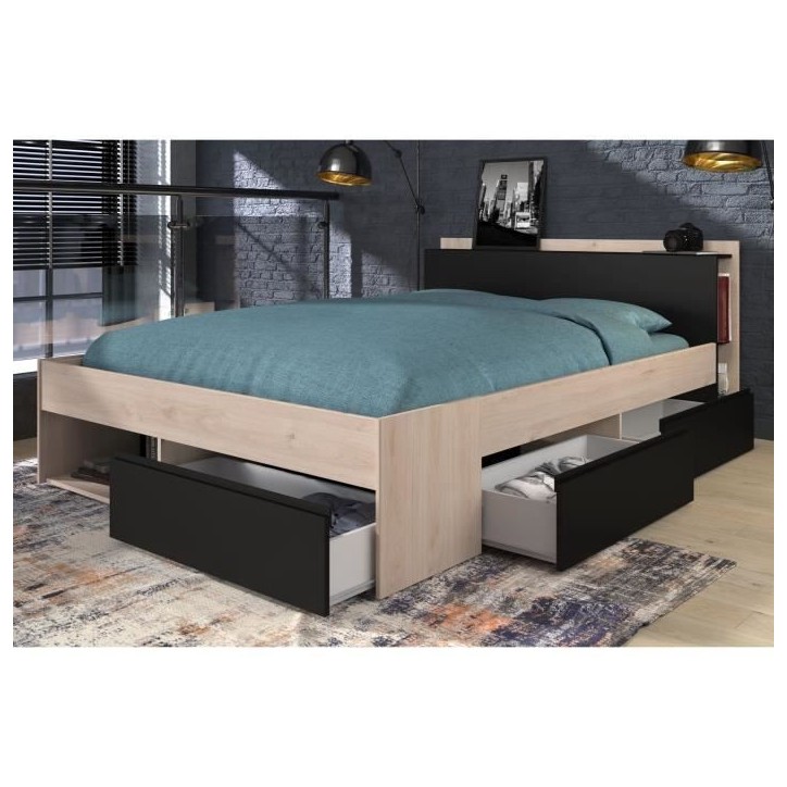 Lit adulte COMBO 140x190/200 cm - Chene et noir - 3 Tiroirs - PARISOT Lit adulte COMBO 140x190/200 cm - Chene et noir - 3 Tiroirs - PARISOT