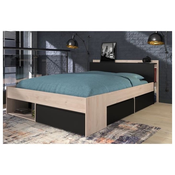 Lit adulte COMBO 140x190/200 cm - Chene et noir - 3 Tiroirs - PARISOT Lit adulte COMBO 140x190/200 cm - Chene et noir - 3 Tiroirs - PARISOT