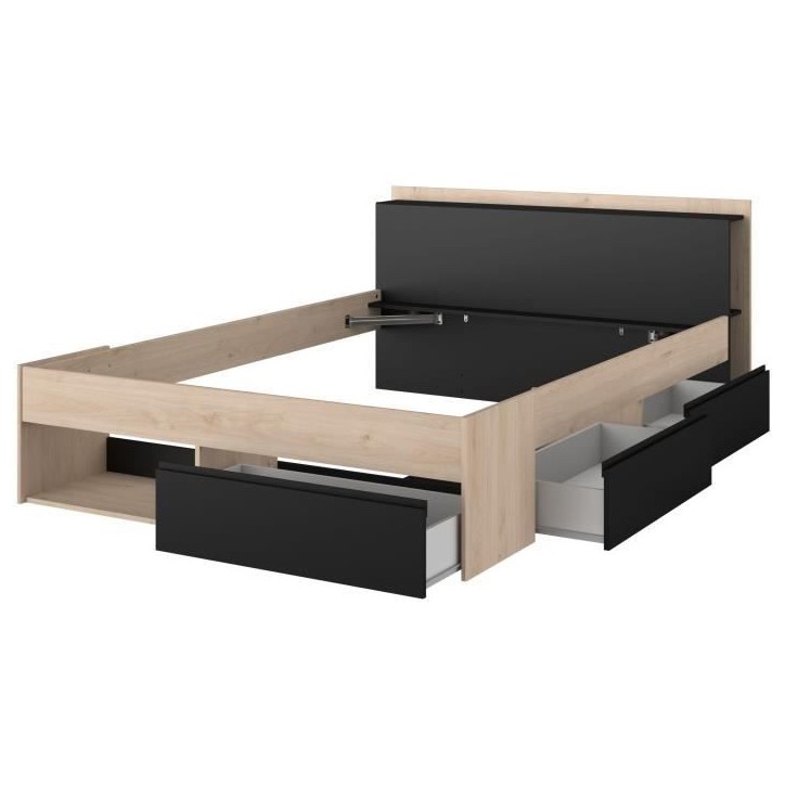 Lit adulte COMBO 140x190/200 cm - Chene et noir - 3 Tiroirs - PARISOT Lit adulte COMBO 140x190/200 cm - Chene et noir - 3 Tiroirs - PARISOT