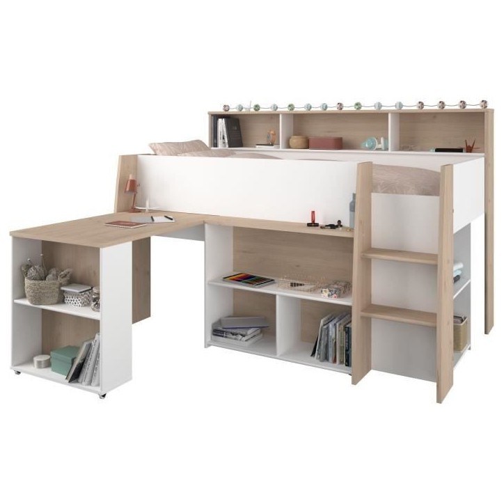 PARISOT Lit combiné enfant avec bureau rétractable - Décor blanc et chene - 90x 200 cm - Sommier inclus -THEO PARISOT Lit combiné enfant avec bureau rétractable - Décor blanc et chene - 90x 200 cm - Sommier inclus -THEO