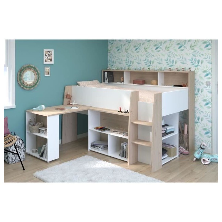 PARISOT Lit combiné enfant avec bureau rétractable - Décor blanc et chene - 90x 200 cm - Sommier inclus -THEO PARISOT Lit combiné enfant avec bureau rétractable - Décor blanc et chene - 90x 200 cm - Sommier inclus -THEO