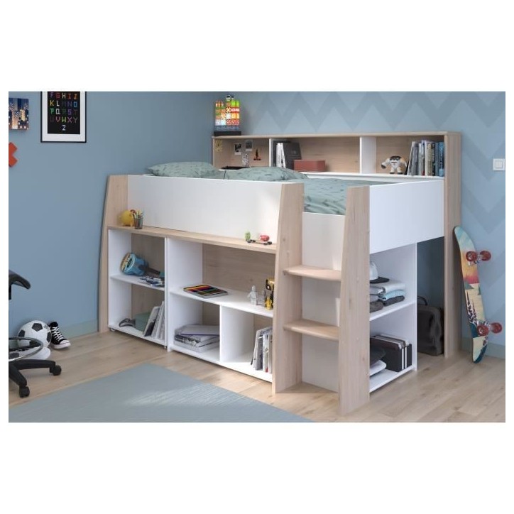 PARISOT Lit combiné enfant avec bureau rétractable - Décor blanc et chene - 90x 200 cm - Sommier inclus -THEO PARISOT Lit combiné enfant avec bureau rétractable - Décor blanc et chene - 90x 200 cm - Sommier inclus -THEO
