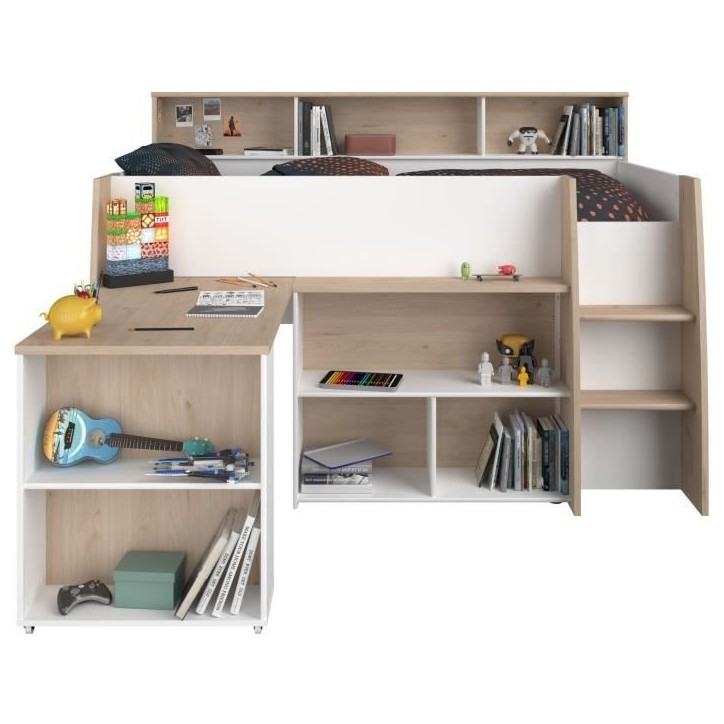 PARISOT Lit combiné enfant avec bureau rétractable - Décor blanc et chene - 90x 200 cm - Sommier inclus -THEO PARISOT Lit combiné enfant avec bureau rétractable - Décor blanc et chene - 90x 200 cm - Sommier inclus -THEO