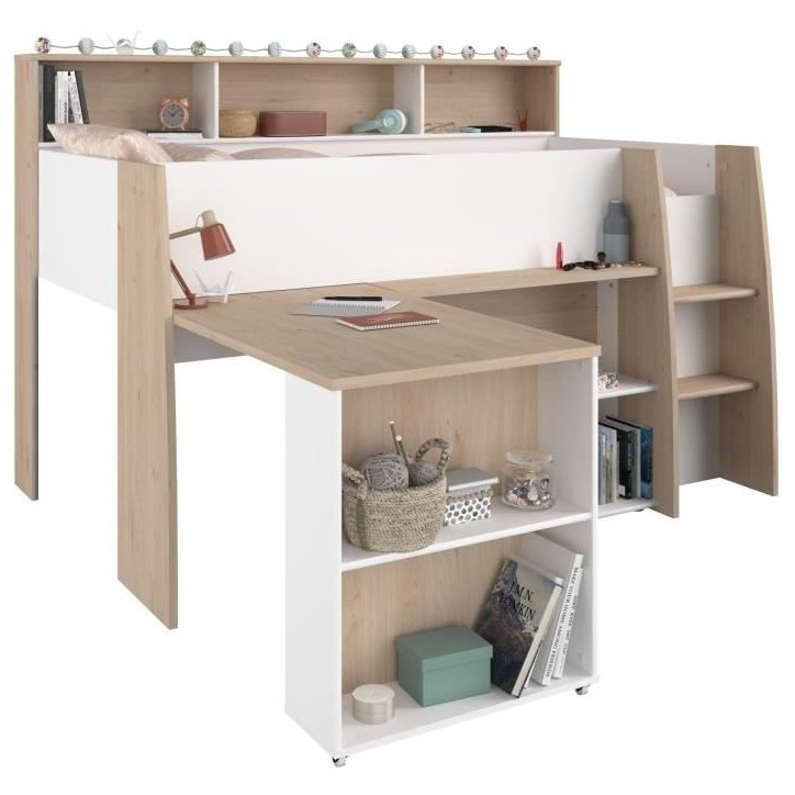 PARISOT Lit combiné enfant avec bureau rétractable - Décor blanc et chene - 90x 200 cm - Sommier inclus -THEO PARISOT Lit combiné enfant avec bureau rétractable - Décor blanc et chene - 90x 200 cm - Sommier inclus -THEO