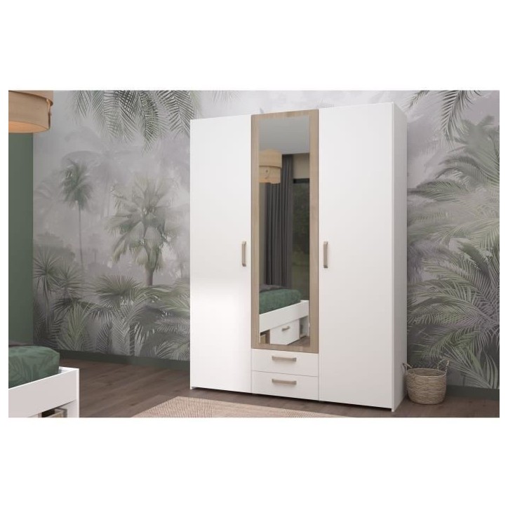 Armoire DREAM 3 portes - Panneau de particules - Miroir - Décor blanc - L150 x H200 x P52 cm Armoire DREAM 3 portes - Panneau de particules - Miroir - Décor blanc - L150 x H200 x P52 cm