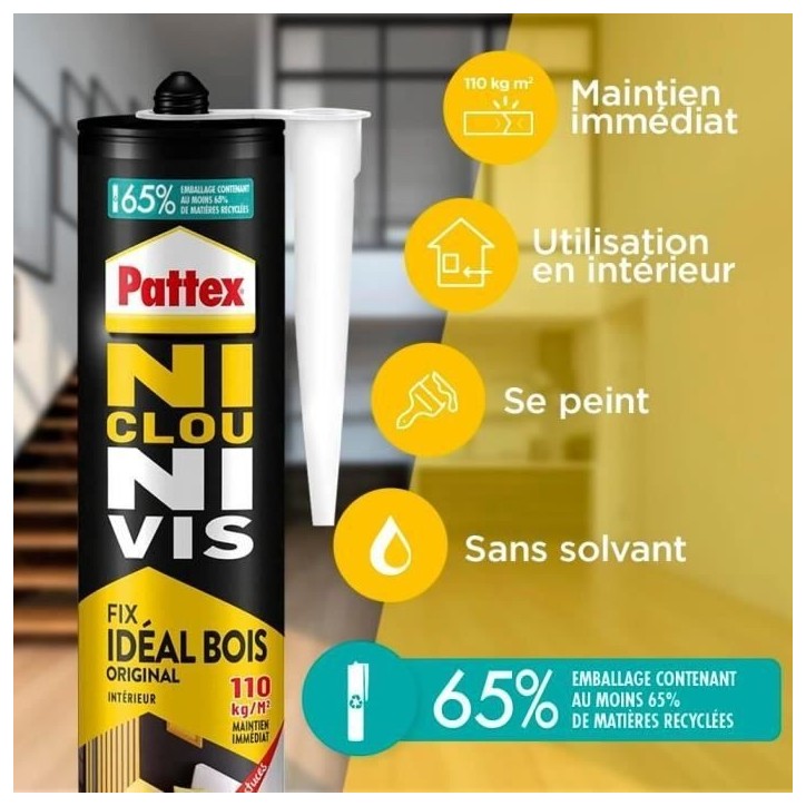 PATTEX Ni clou ni vis Fix Idéal Bois- Lot de 2 cartouches 380g + 1 gratuite PATTEX Ni clou ni vis Fix Idéal Bois- Lot de 2 cartouches 380g + 1 gratuite
