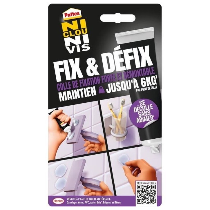 Colle Fixation - PATTEX - 2970856 - Ni clou ni vis - Fix & Défix - Tube - 44g Colle Fixation - PATTEX - 2970856 - Ni clou ni vis - Fix & Défix - Tube - 44g