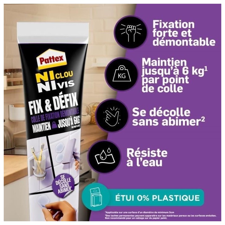 Colle Fixation - PATTEX - 2970856 - Ni clou ni vis - Fix & Défix - Tube - 44g Colle Fixation - PATTEX - 2970856 - Ni clou ni vis - Fix & Défix - Tube - 44g