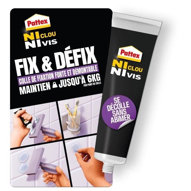 Colle Fixation - PATTEX - 2970856 - Ni clou ni vis - Fix & Défix - Tube - 44g Colle Fixation - PATTEX - 2970856 - Ni clou ni vis - Fix & Défix - Tube - 44g