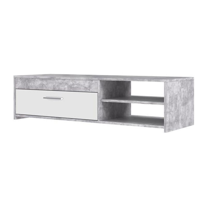 Meuble TV PILVI - Blanc et béton clair - Contemporain - L 120 x P 42, Meuble TV PILVI - Blanc et béton clair - Contemporain - L 120 x P 42,