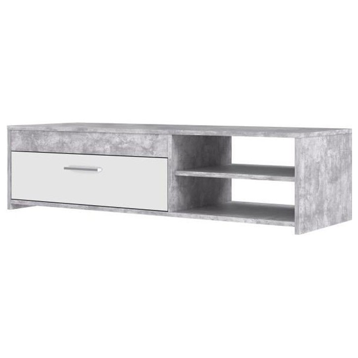 Meuble TV PILVI - Blanc et béton clair - Contemporain - L 120 x P 42,1 x H 31,8 cm Meuble TV PILVI - Blanc et béton clair - Contemporain - L 120 x P 42,1 x H 31,8 cm