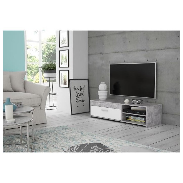 Meuble TV PILVI - Blanc et béton clair - Contemporain - L 120 x P 42,1 x H 31,8 cm Meuble TV PILVI - Blanc et béton clair - Contemporain - L 120 x P 42,1 x H 31,8 cm