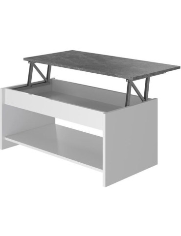 Table basse - Blanc et gris béton - Relevable - L 100 cm x P50 x H44cm - HAPPY