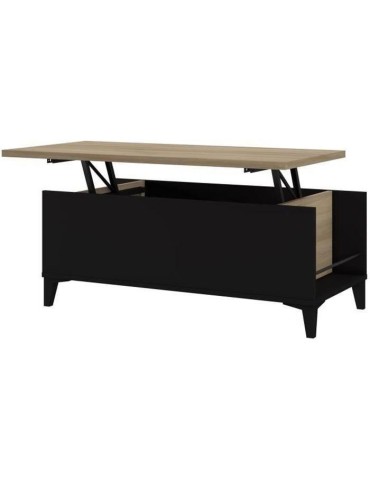 Table Basse avec Plateau Relevable - Noir/Chene - L 100 x P 50/72 x H 42/55 cm - EVAN