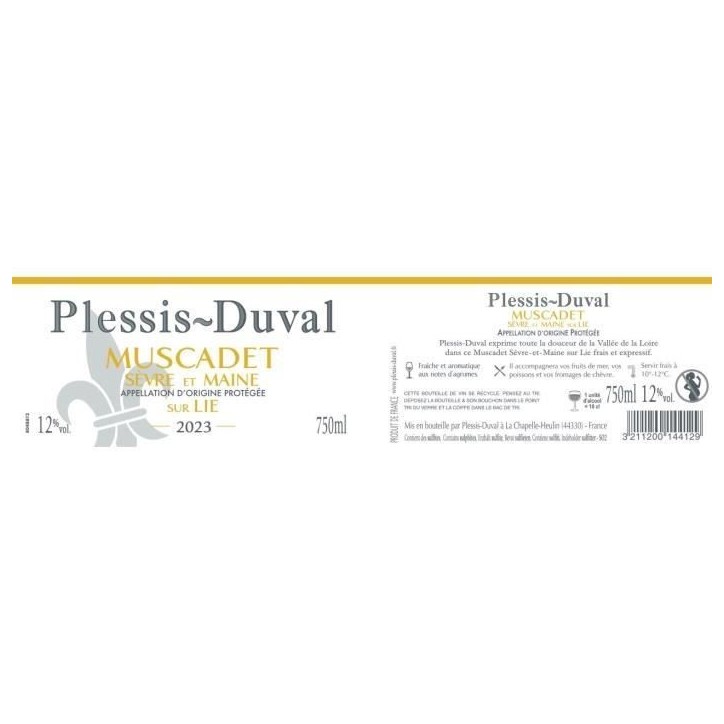 Plessis-Duval Muscadet Sevre et Maine sur Lie - Vin blanc de Loire 2023