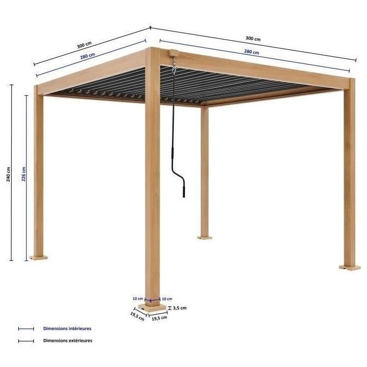 Pergola bioclimatique GAYA - Structure en aluminium et en acier - l300 x P300 x H240 cm - Aspect Bois