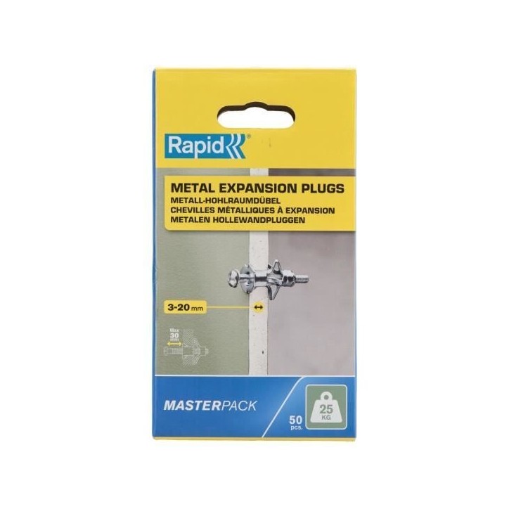 Chevilles a expansion métal pour cloison plâtre - RAPID - Ø8 - 3-20mm - Lot de 50 - Charge max 25 kg - 5001562